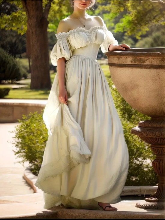 Dresses & Skirts - BNWT Off-Shoulder apricot Maxi Dress - Elegant puff sleeves Romantic size M